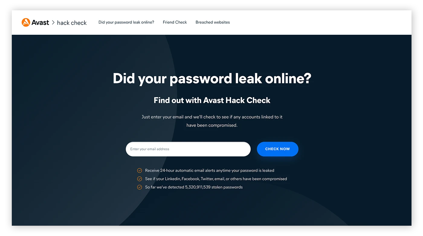 Avast Hack Check是一个免费工具，可检查您的个人数据是否被泄露。